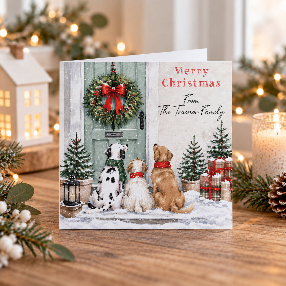 Personalised Christmas card collection featuring festive dogs, snowy Christmas scenes, Christmas trees and personalised family name, change to your own wording, family christmas card pack, 