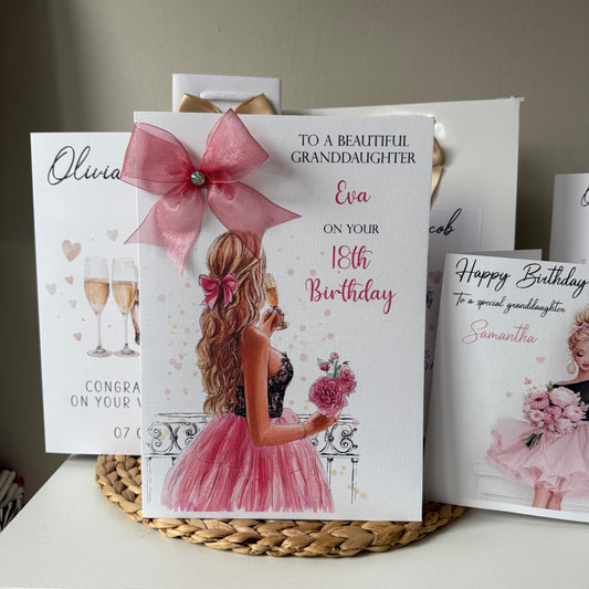 Large A4 Personalised Girls Birthday Card Girl Pink Dress