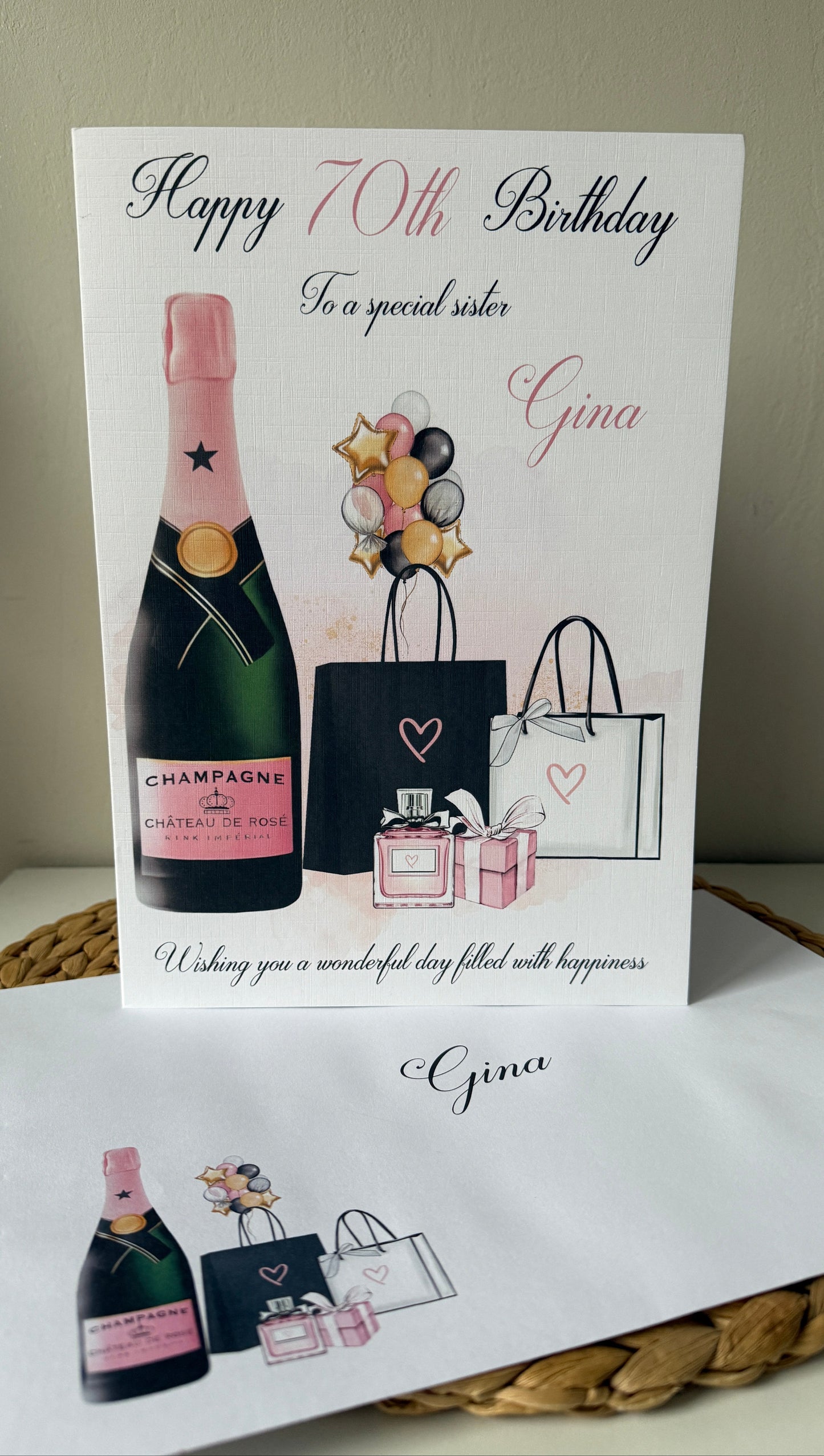 Large A4 Personalised Female Birthday Card Shopping Champagne Balloons
