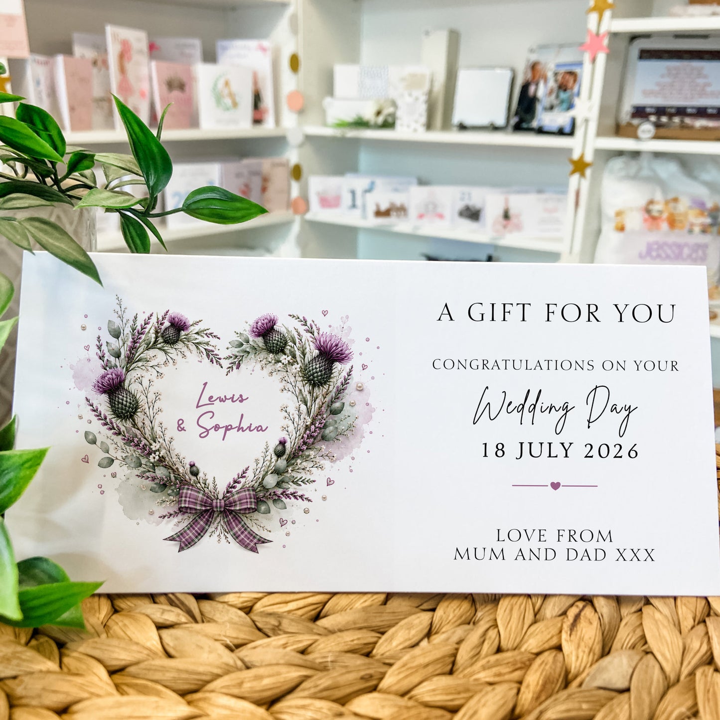 Large A4 Personalised Wedding Card – Scottish Thistle Heart Design
