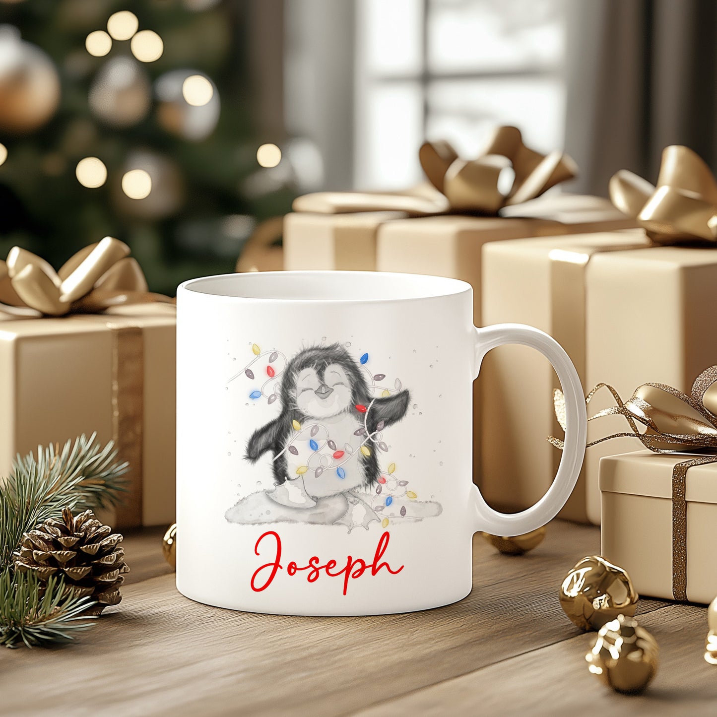 Personalised Children’s Christmas Mug – Penguin Design | Custom Name Kids Holiday Gift
