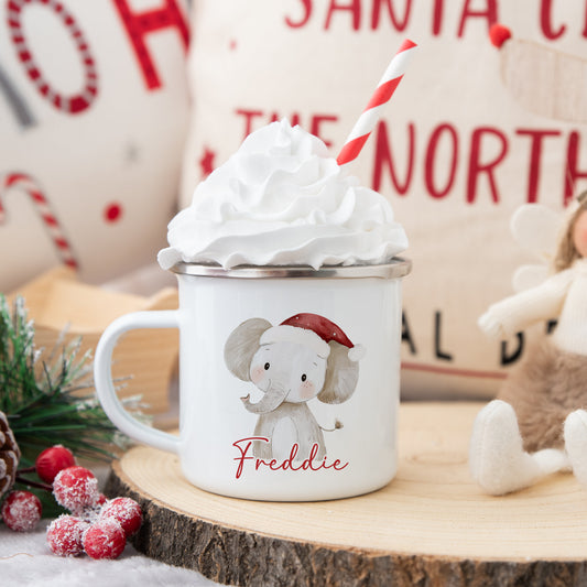 Personalised Children’s Christmas Mug – Elephant Design | Custom Name Kids Holiday Gift