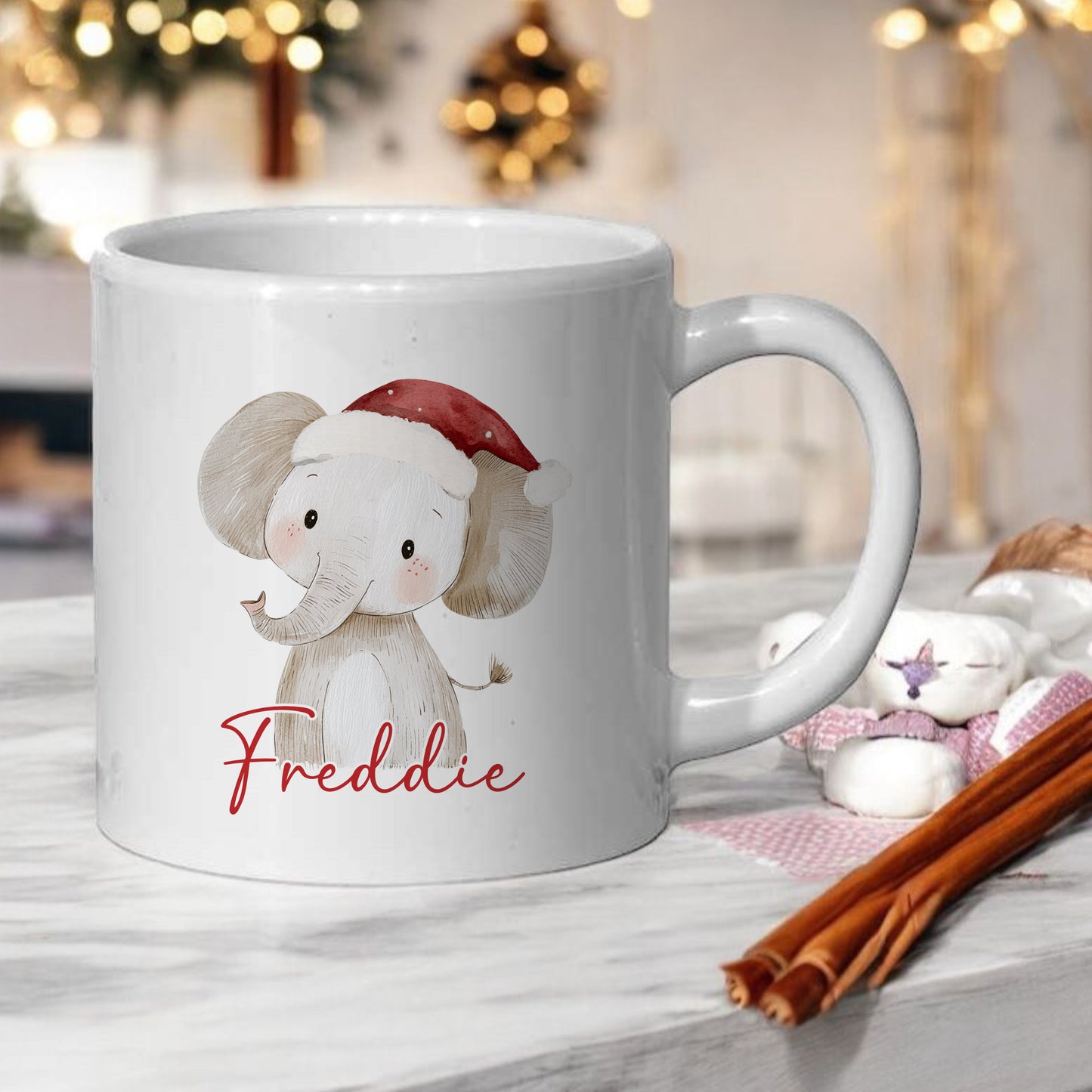 Personalised Children’s Christmas Mug – Elephant Design | Custom Name Kids Holiday Gift