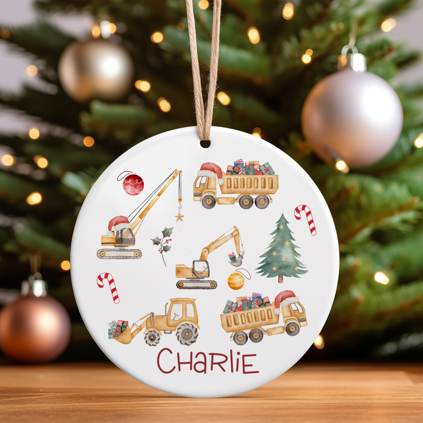 Digger Themed Personalised Christmas Ornament – Custom Tree Decoration for Children