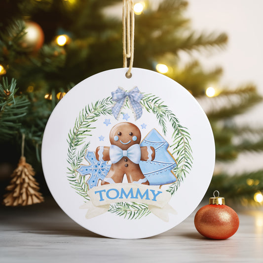 Personalised Christmas Ornament – Custom Tree Decoration For Children, Blue Gingerbread