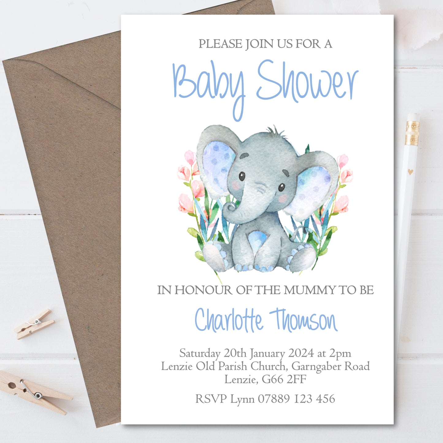 Personalised Baby Shower Party Invitations Watercolour Elephant Blue