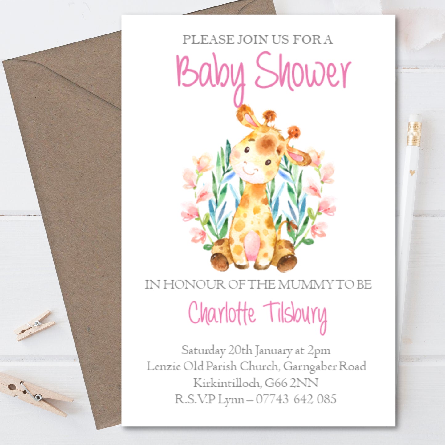 10 Personalised Baby Shower Invitations Watercolour Giraffe Pink Girl
