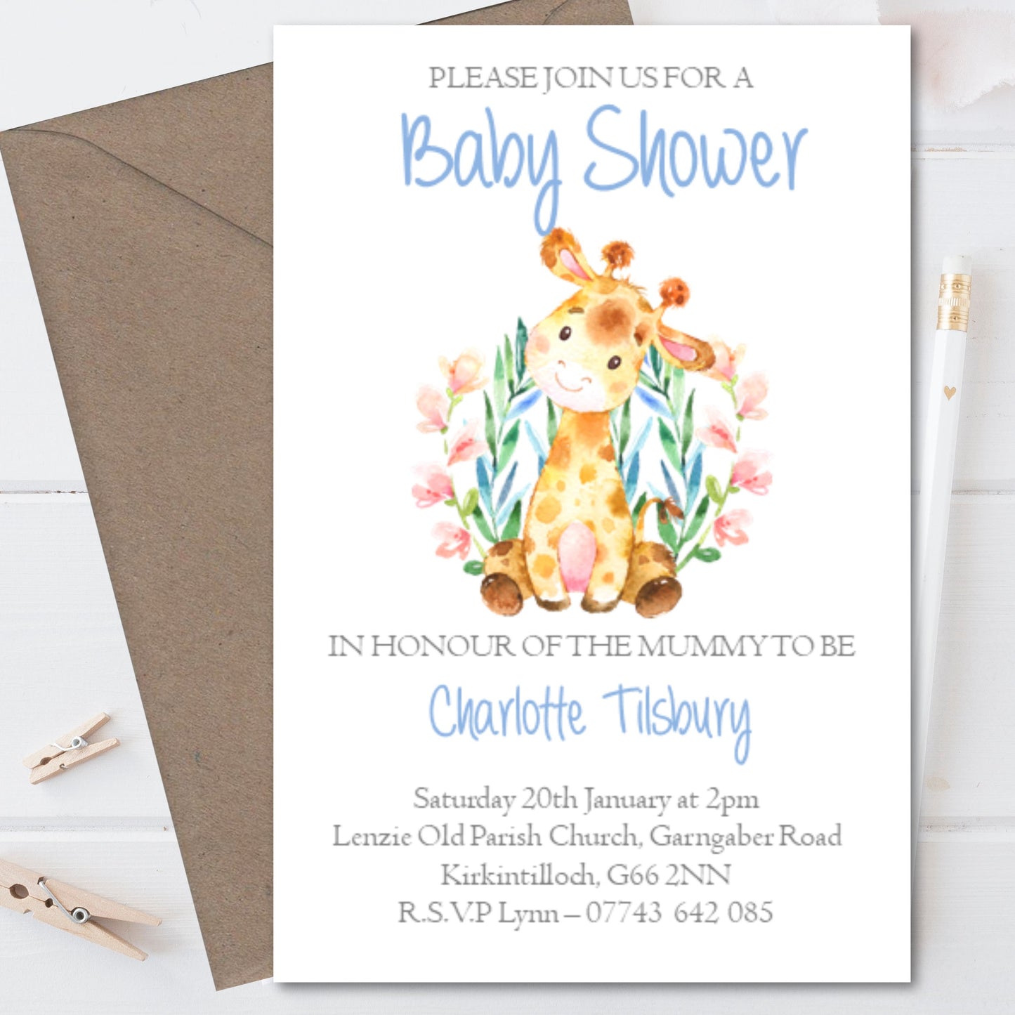 10 Personalised Baby Shower Invitations Watercolour Giraffe Blue Boy