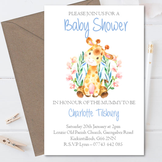 10 Personalised Baby Shower Invitations Watercolour Giraffe Blue Boy