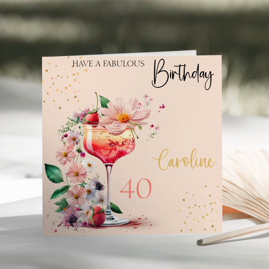 Personalised Birthday Card Peach Floral Cocktail