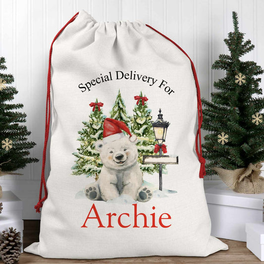 SANTA SACK WITH NAME AND POLAR BEAR DESIGN