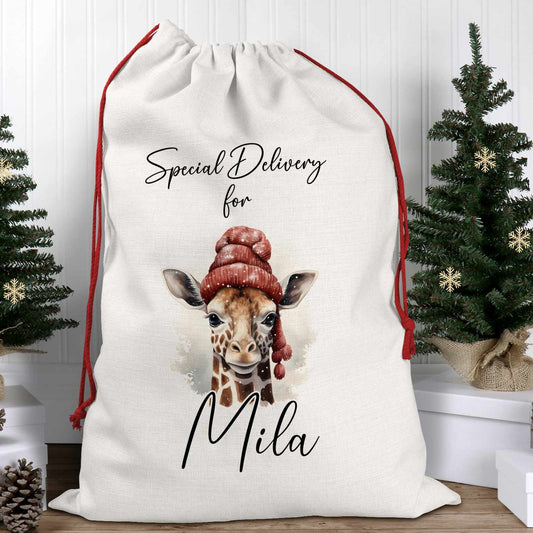 christmas santa sack saying special delivery for and your childs name.