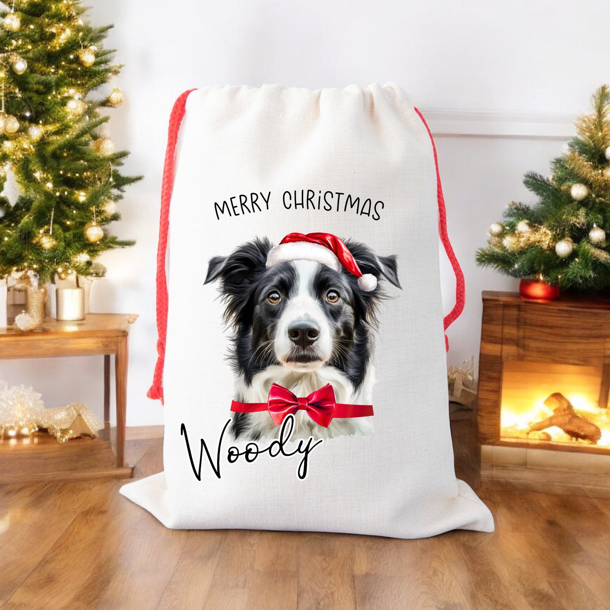 personalised christmas santa sack for dogs, red drawstring bag, with your dogs name on the front.  Perfect for dog lovers
