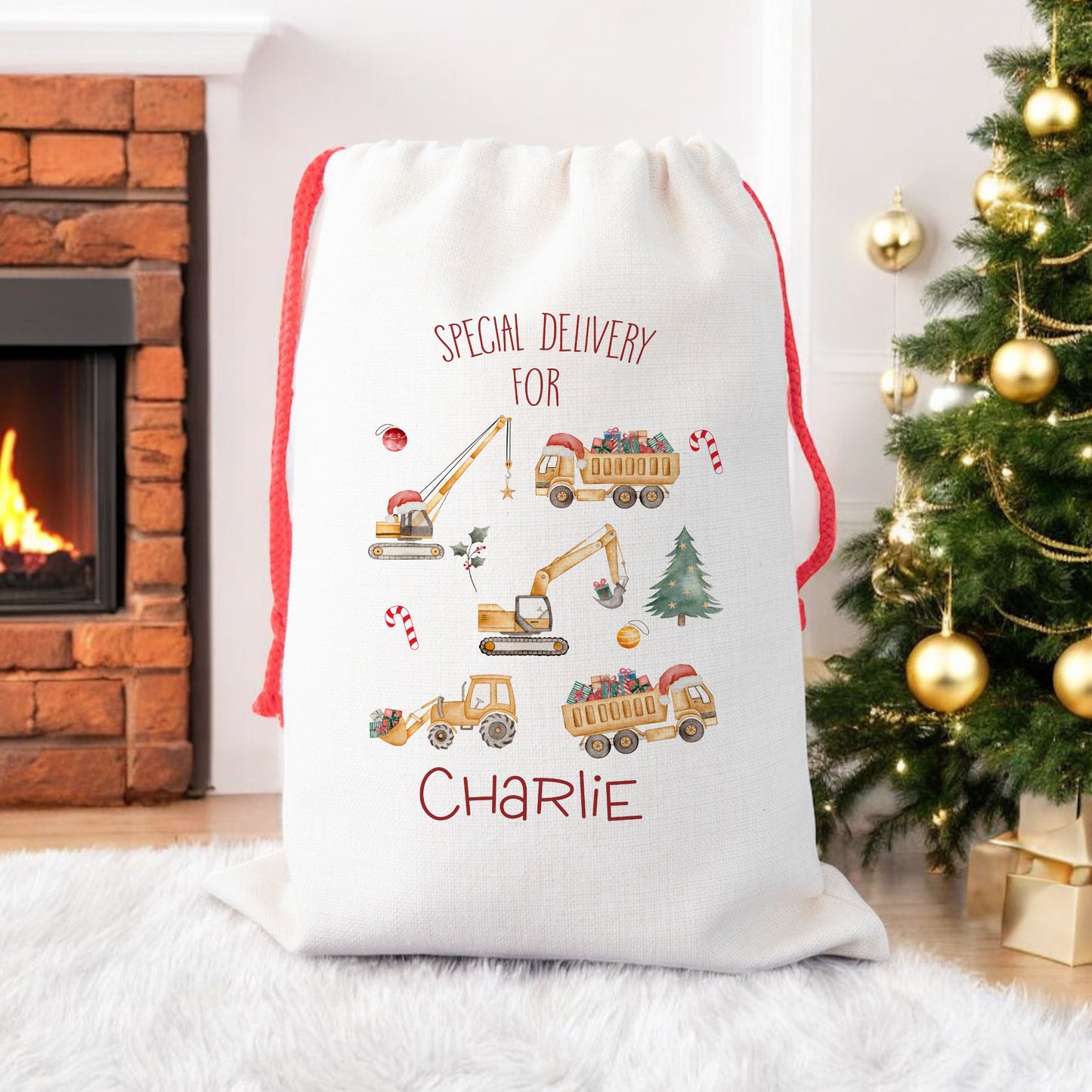 Personalised Santa Sack, Construction Diggers Gift Sack for Kids or Adults