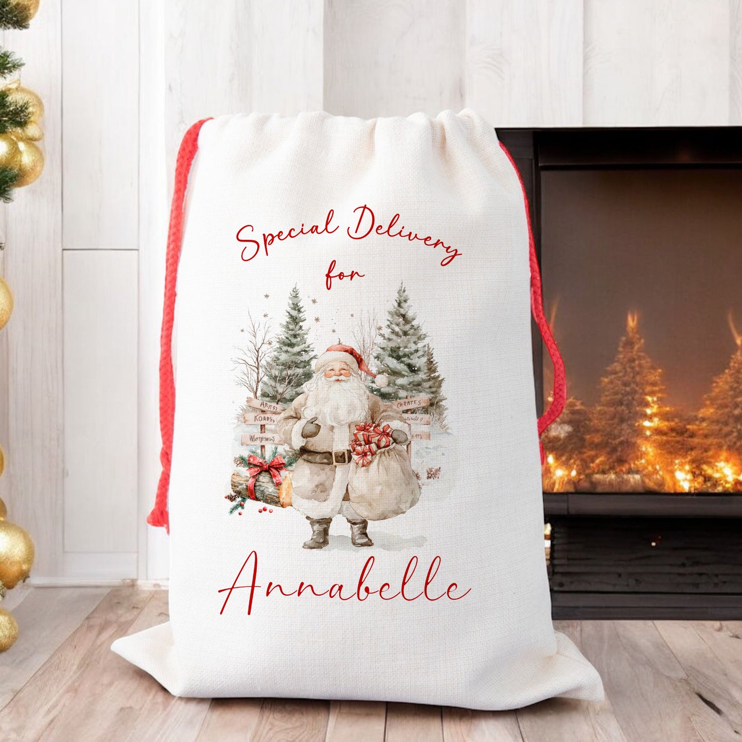 Personalised Christmas Santa Gift Sack – Rustic Santa Design  – Custom Name Christmas Sack