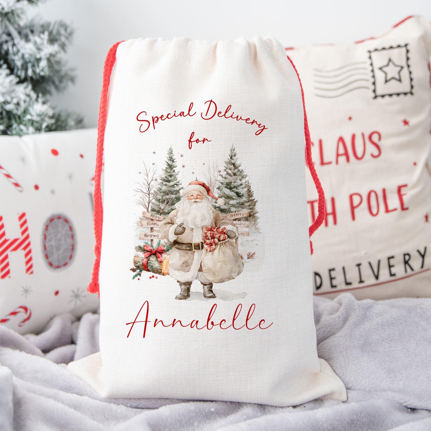 Personalised Christmas Santa Gift Sack – Rustic Santa Design  – Custom Name Christmas Sack