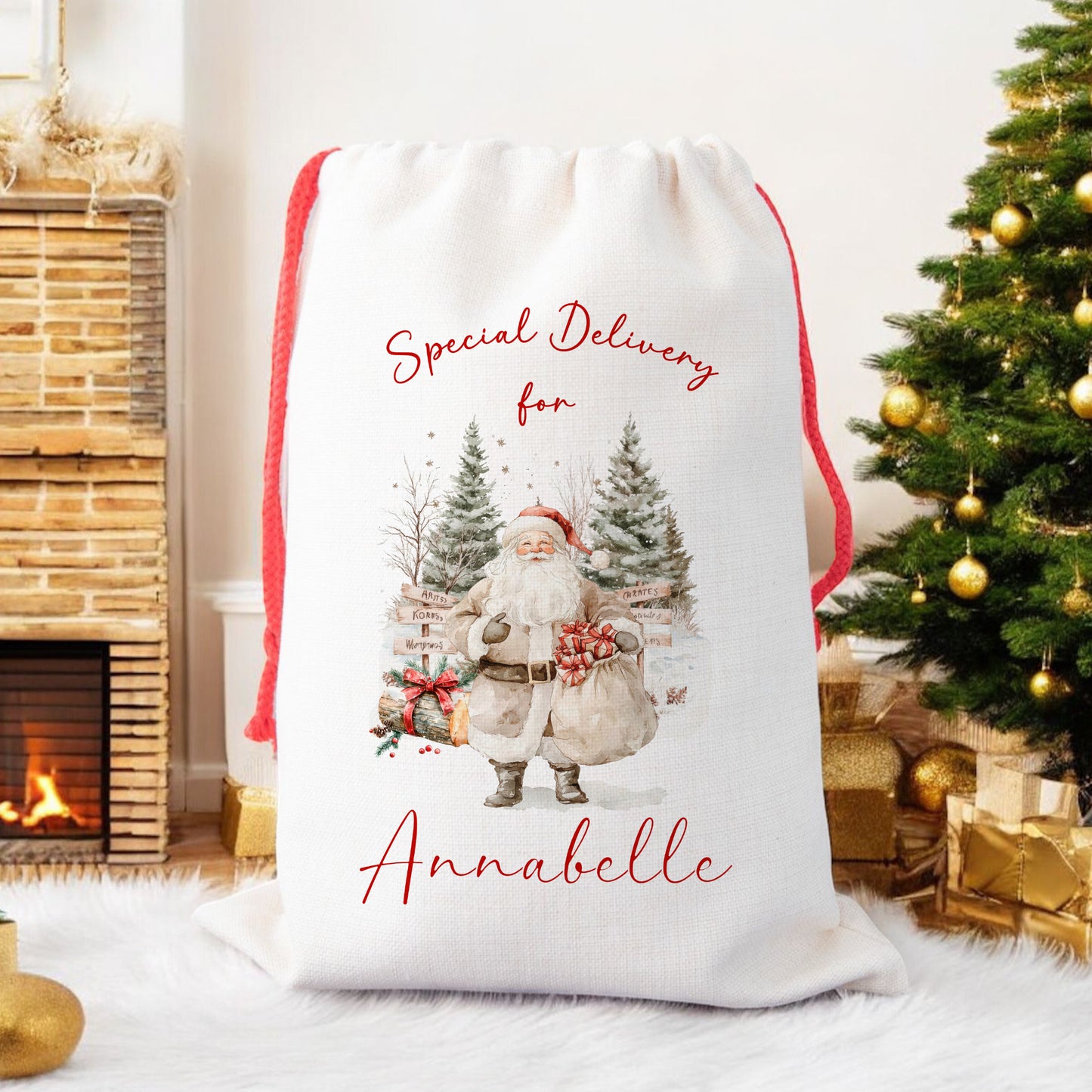 Personalised Christmas Santa Gift Sack – Rustic Santa Design  – Custom Name Christmas Sack