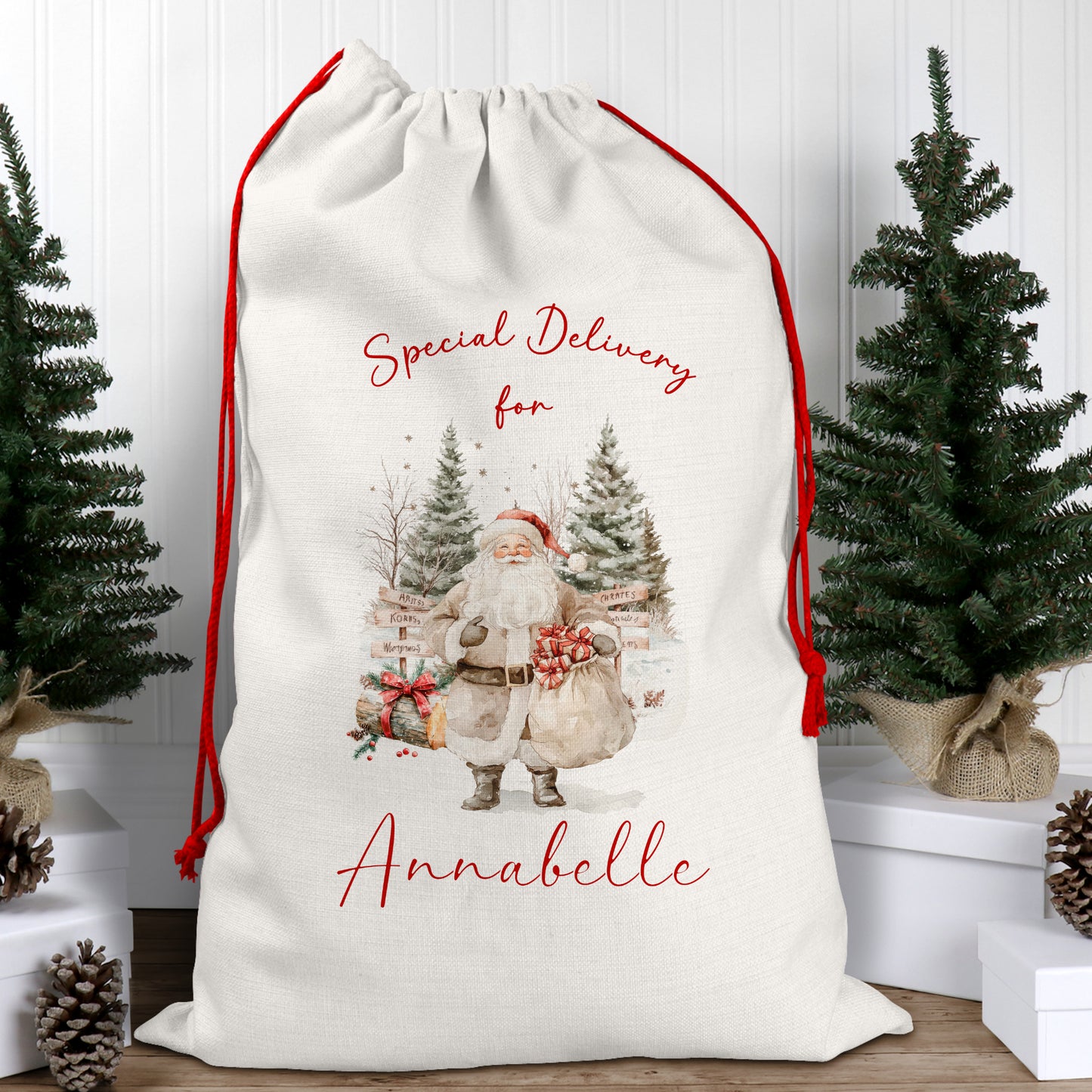 Personalised Christmas Santa Gift Sack – Rustic Santa Design  – Custom Name Christmas Sack