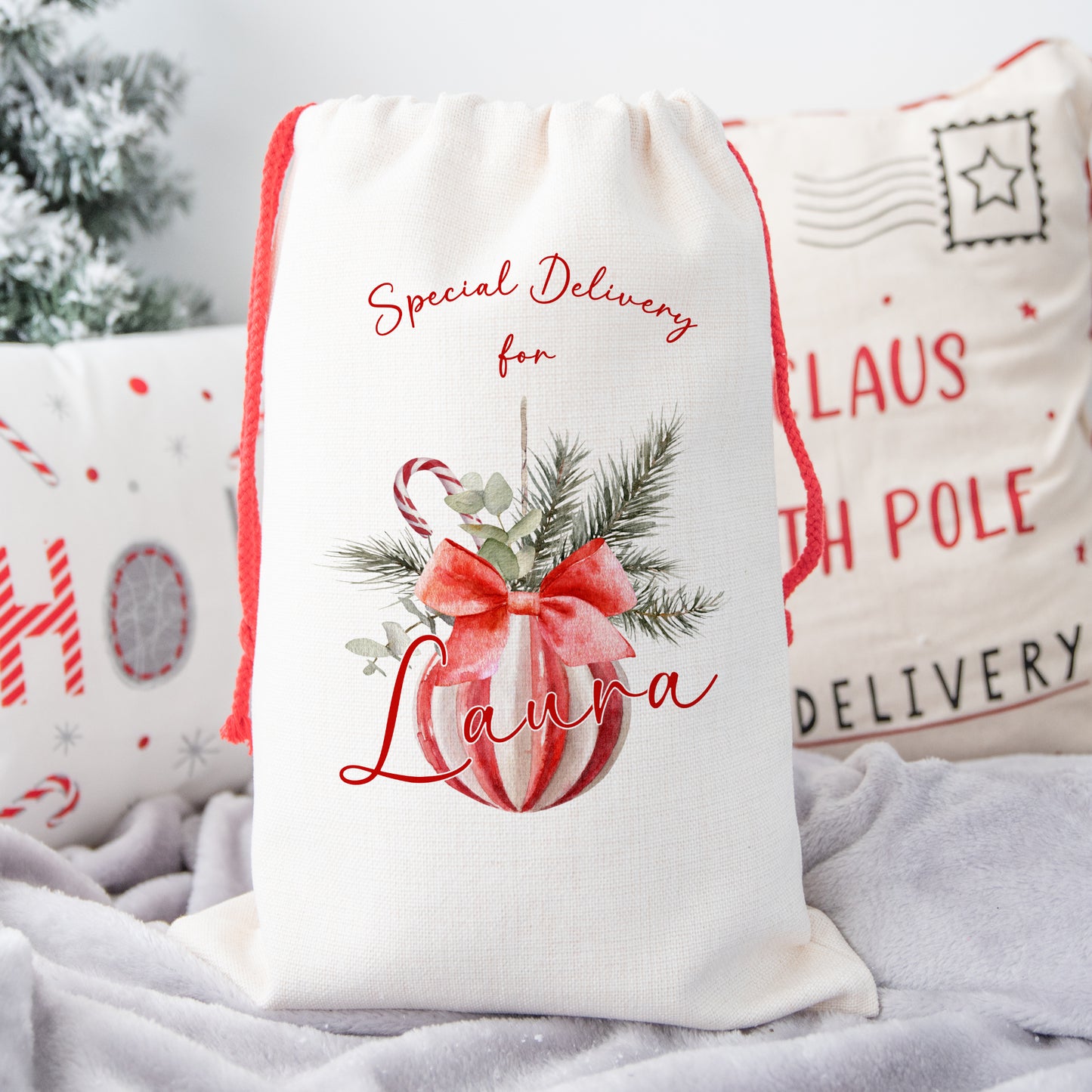 Personalised Santa Sack for Adults Candy Stripe Bauble Design