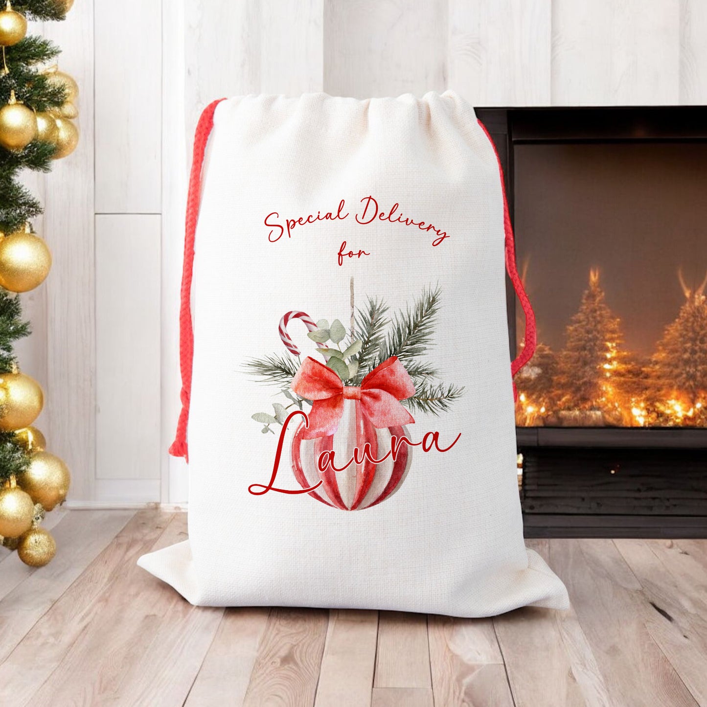 Personalised Santa Sack for Adults Candy Stripe Bauble Design