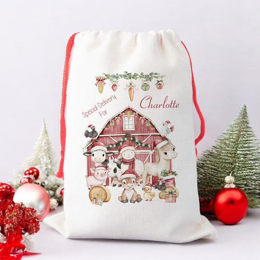 Personalised Santa Sack, Gift Sack for Kids or Adults, Farm Animals Barn