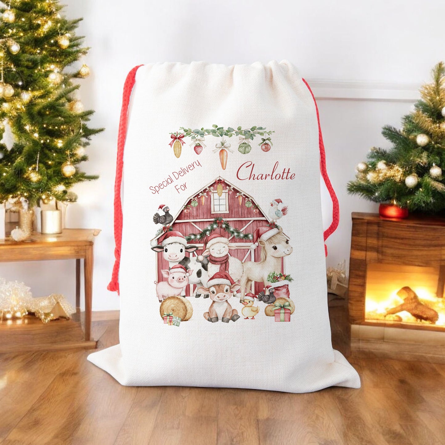 Personalised Santa Sack, Gift Sack for Kids or Adults, Farm Animals Barn
