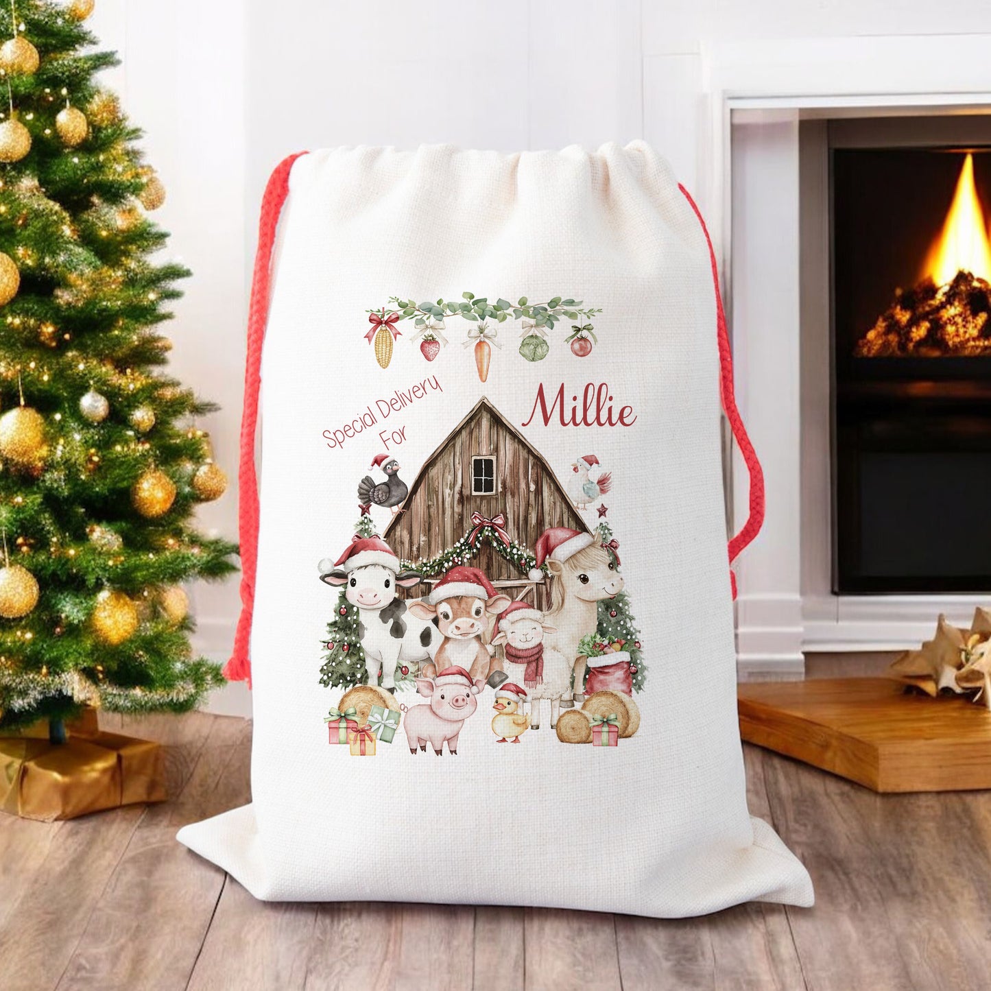 Personalised Santa Sack, Gift Sack for Kids or Adults, Farm Animals Barn
