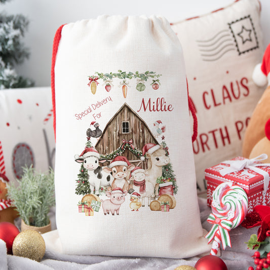 Personalised Santa Sack, Gift Sack for Kids or Adults, Farm Animals Barn