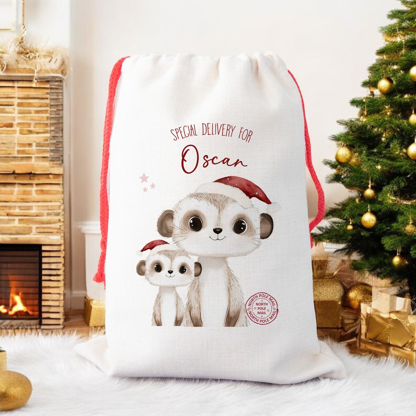 Personalised Santa Sack, Gift Sack for Kids or Adults, Meerkat