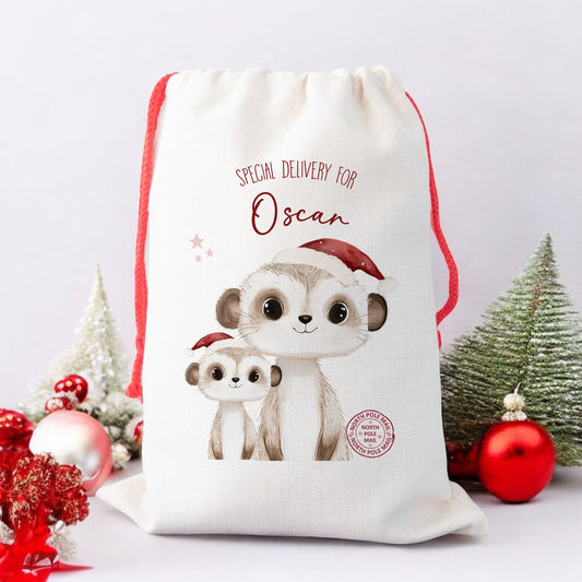 Personalised Santa Sack, Gift Sack for Kids or Adults, Meerkat