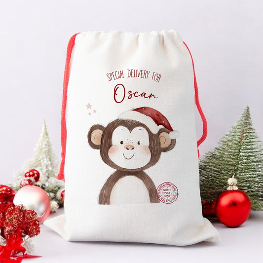 Personalised Santa Sack, Gift Sack for Kids or Adults, Monkey