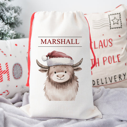 Personalised Santa Sack, Gift Sack for Kids or Adults, Highland Cow
