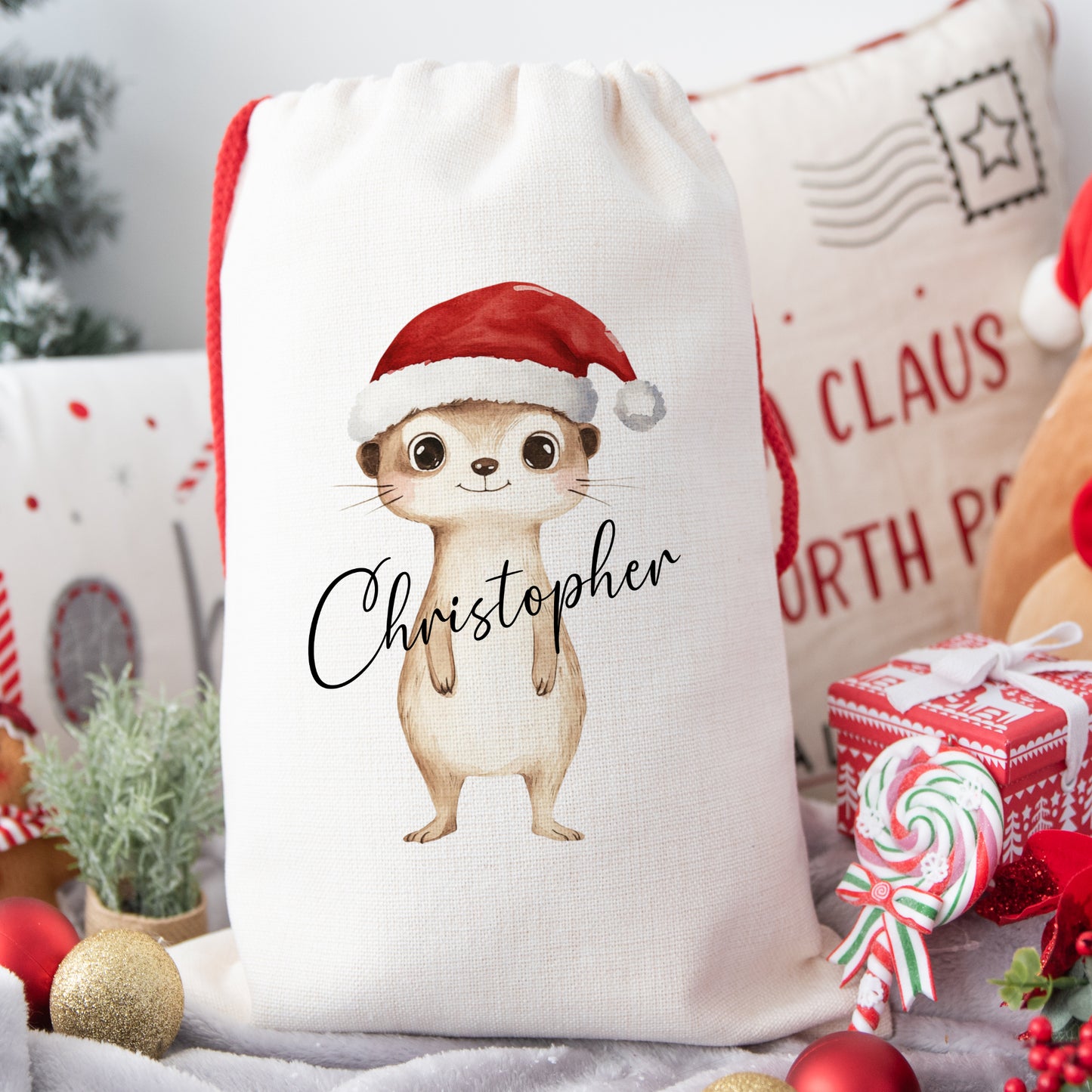 Personalised Santa Sack, Gift Sack for Kids or Adults, Meerkat