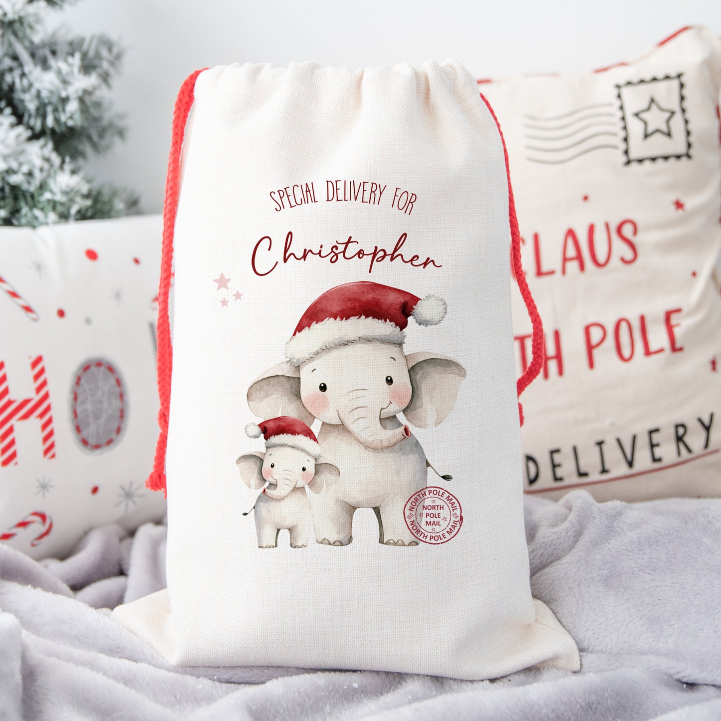 Personalised Santa Sack, Gift Sack for Kids or Adults, Elephant