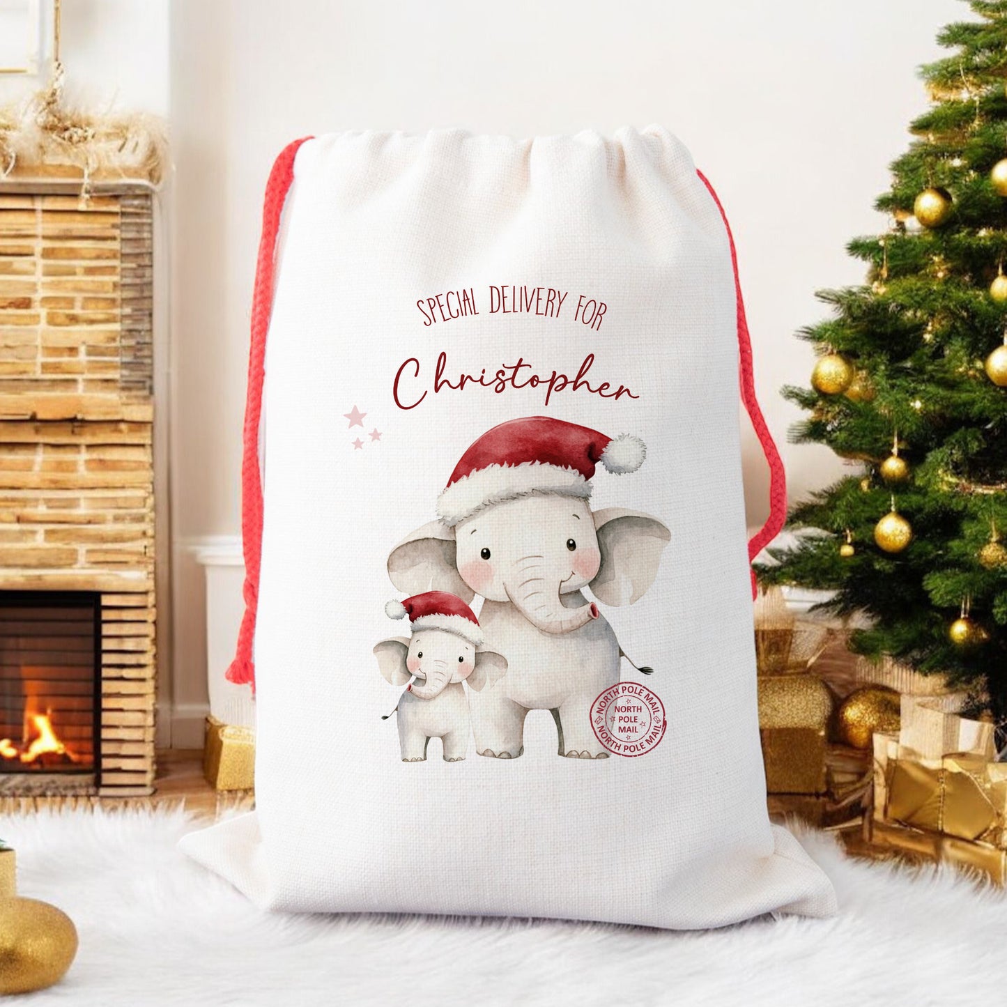Personalised Santa Sack, Gift Sack for Kids or Adults, Elephant