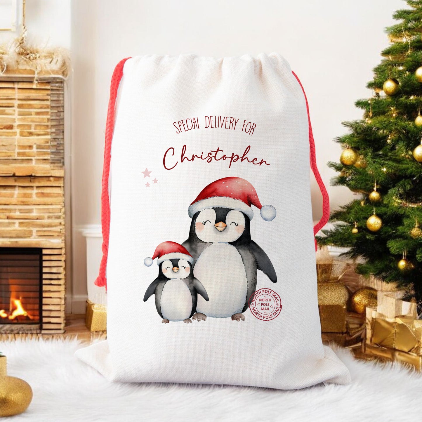 Personalised Santa Sack, Gift Sack for Kids or Adults, Penguins