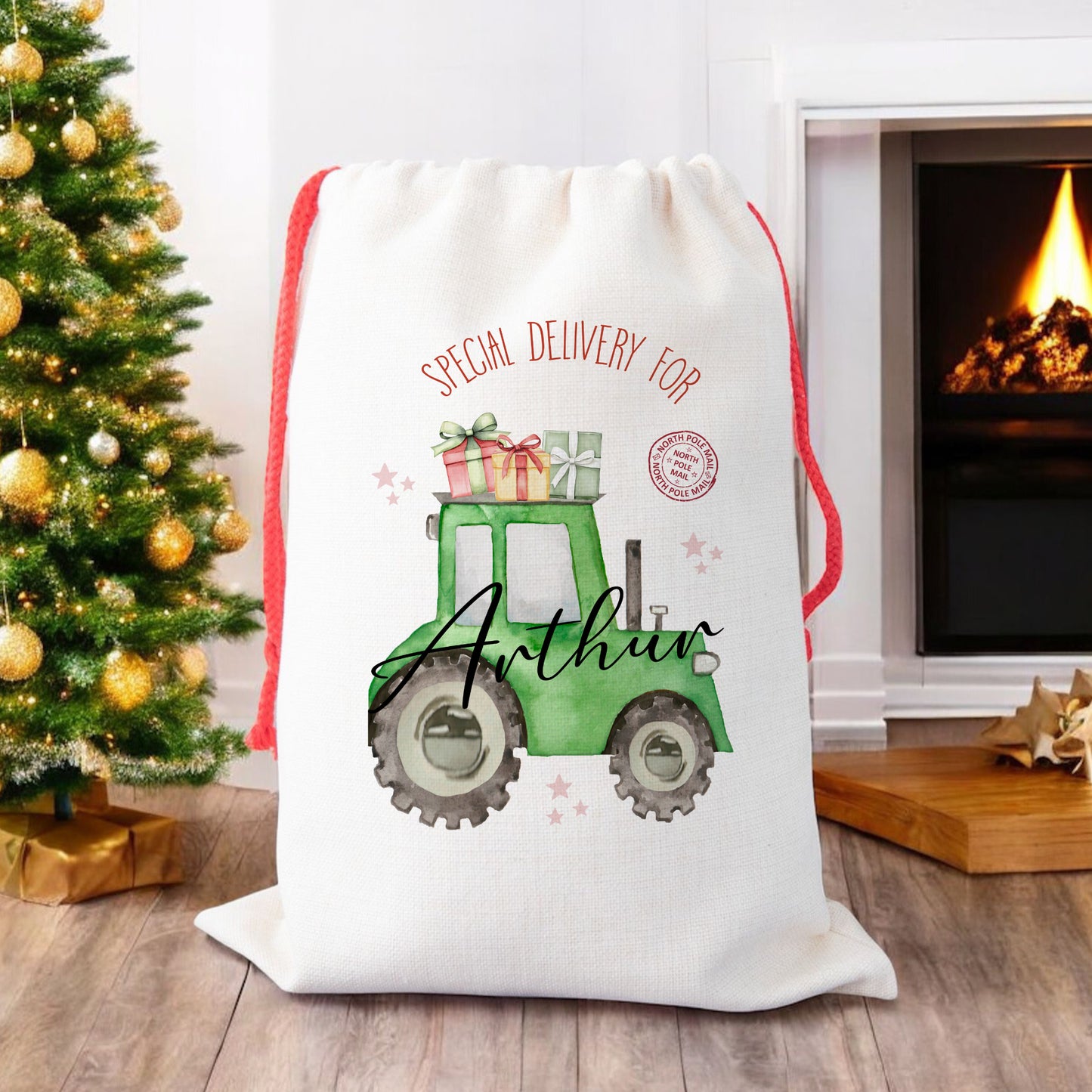 Personalised Tractor Christmas Sack – Custom Santa Gift Bag