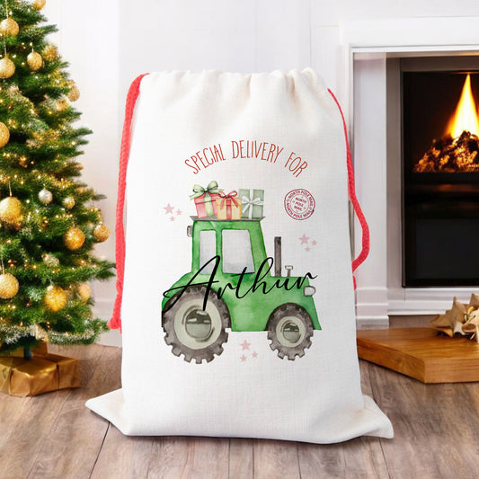 Personalised Tractor Christmas Sack – Custom Santa Gift Bag