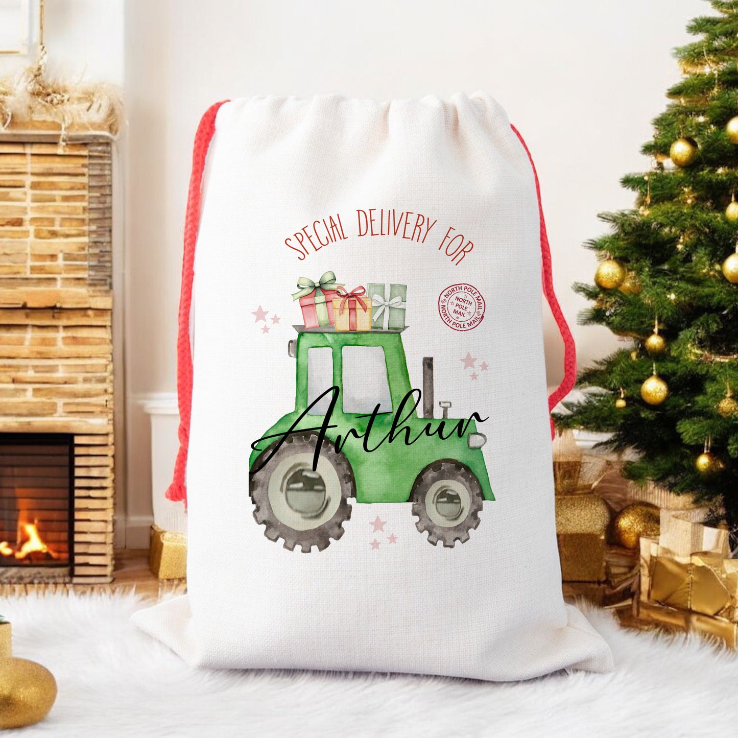 Personalised Tractor Christmas Sack – Custom Santa Gift Bag
