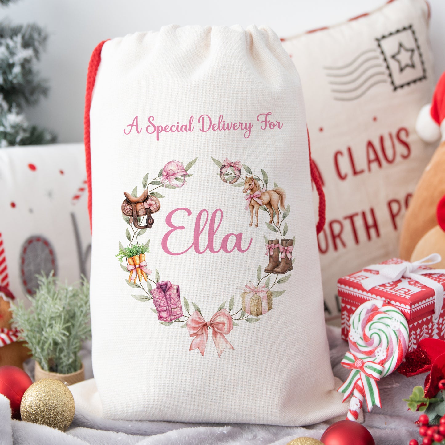 Personalised Christmas Santa Gift Sack – Pink Horse Design – Custom Name Christmas Sack for Girls & Pony Lovers