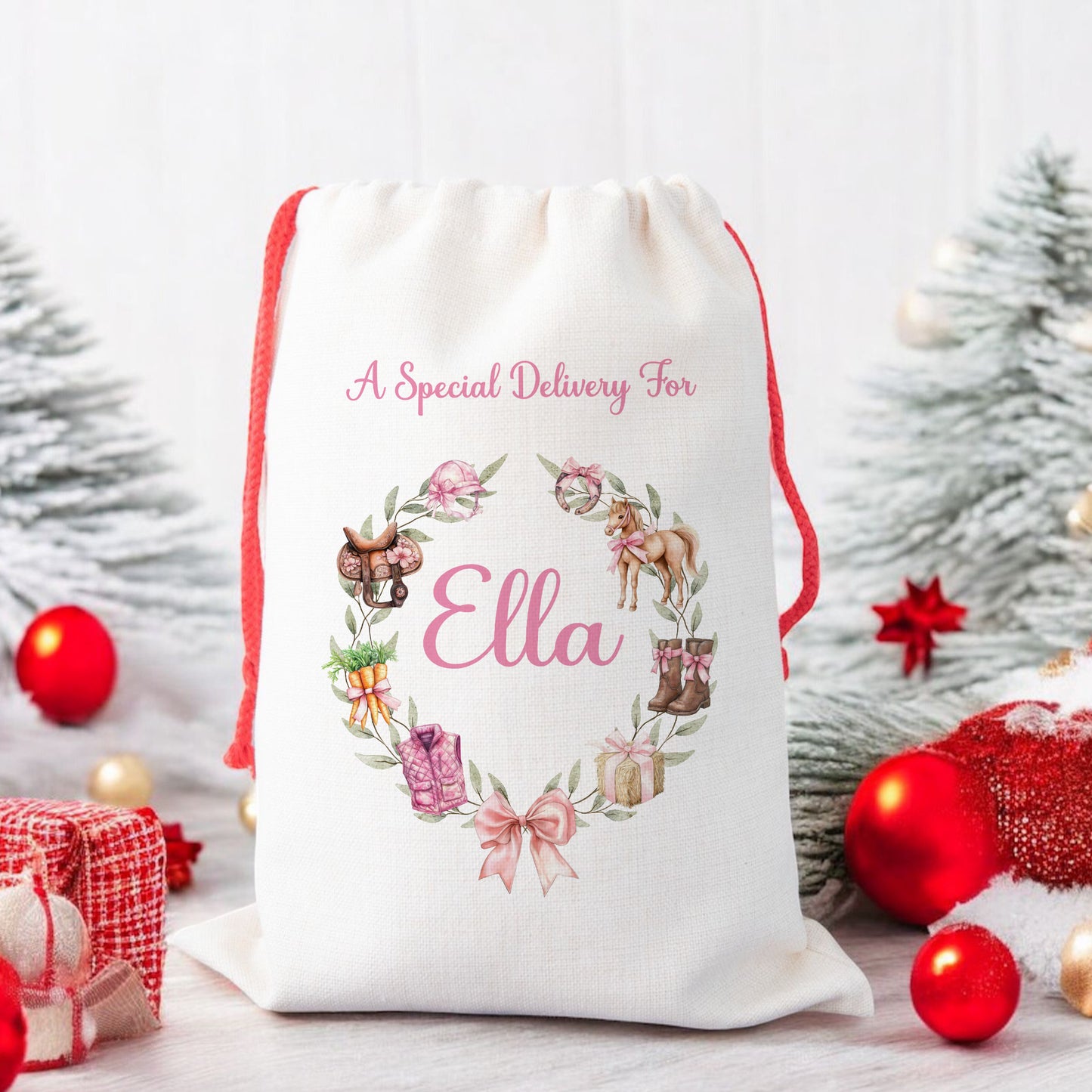 Personalised Christmas Santa Gift Sack – Pink Horse Design – Custom Name Christmas Sack for Girls & Pony Lovers