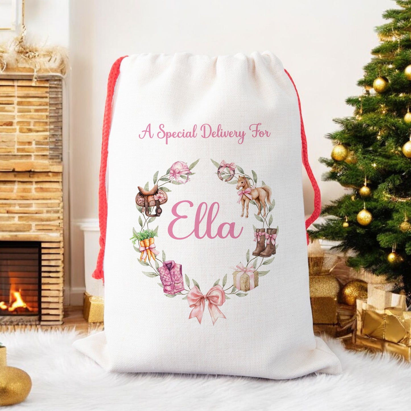 Personalised Christmas Santa Gift Sack – Pink Horse Design – Custom Name Christmas Sack for Girls & Pony Lovers