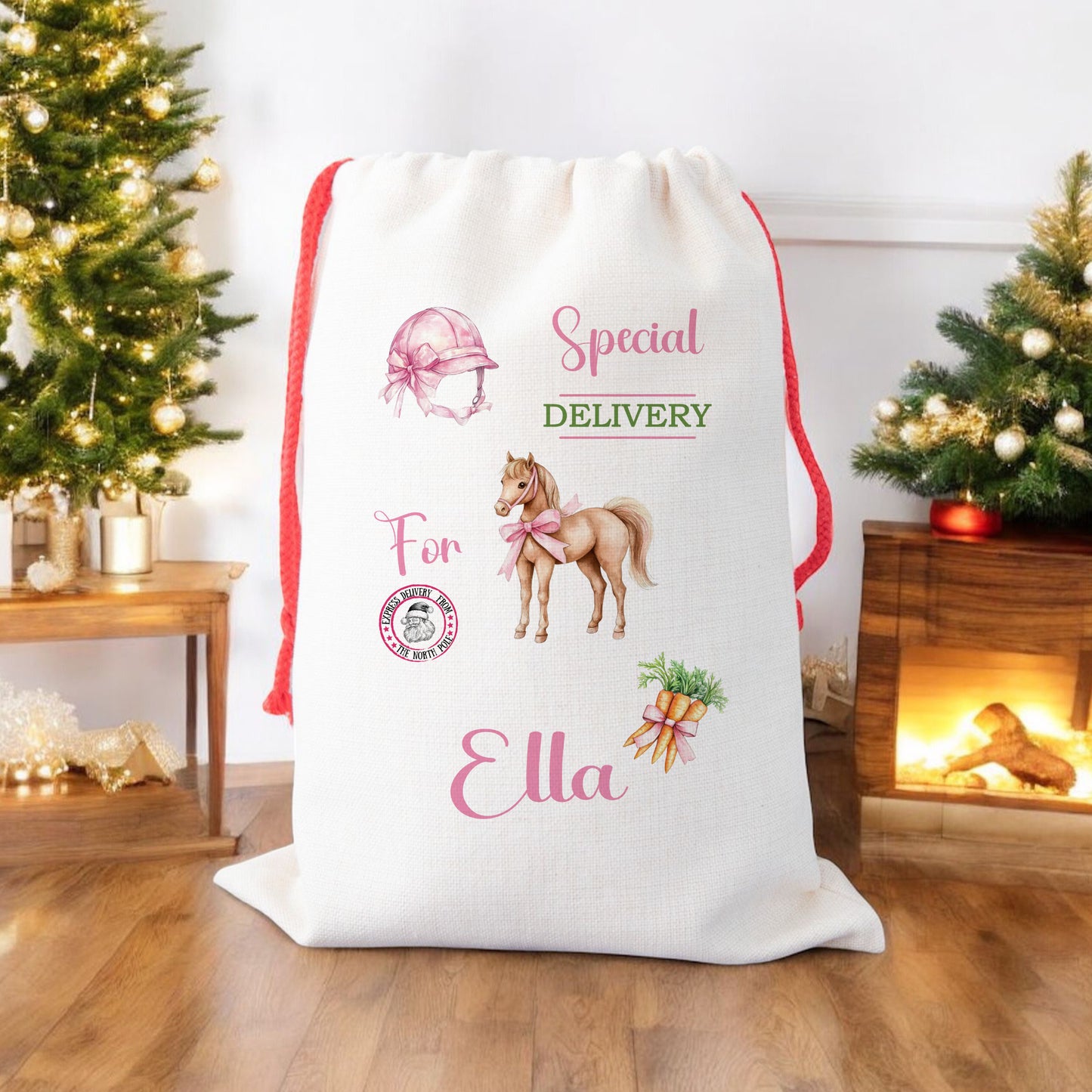 Personalised Christmas Santa Gift Sack – Pink Horse Design – Custom Name Christmas Sack for Girls & Pony Lovers