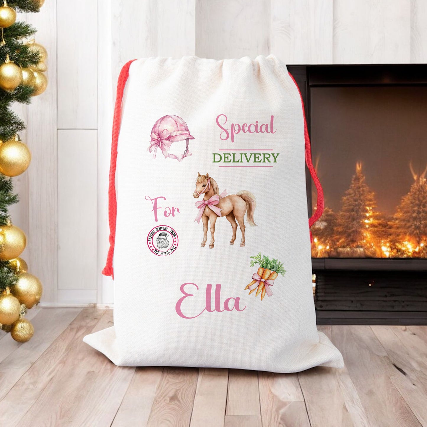 Personalised Christmas Santa Gift Sack – Pink Horse Design – Custom Name Christmas Sack for Girls & Pony Lovers