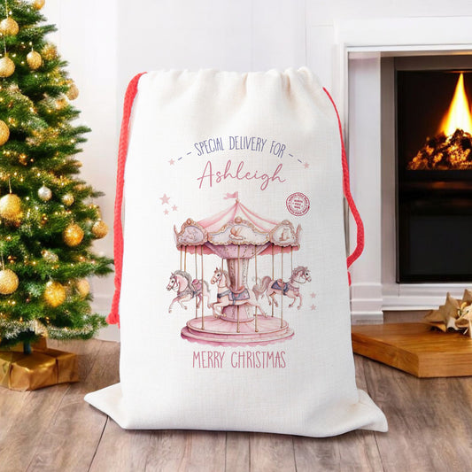 Personalised Christmas Santa Gift Sack – Pink Horse Carousel Design – Custom Name Christmas Sack for Girls & Pony Lovers