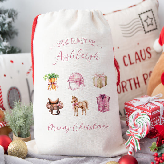 Personalised Christmas Santa Gift Sack – Pink Horse Design – Custom Name Christmas Sack for Girls & Pony Lovers