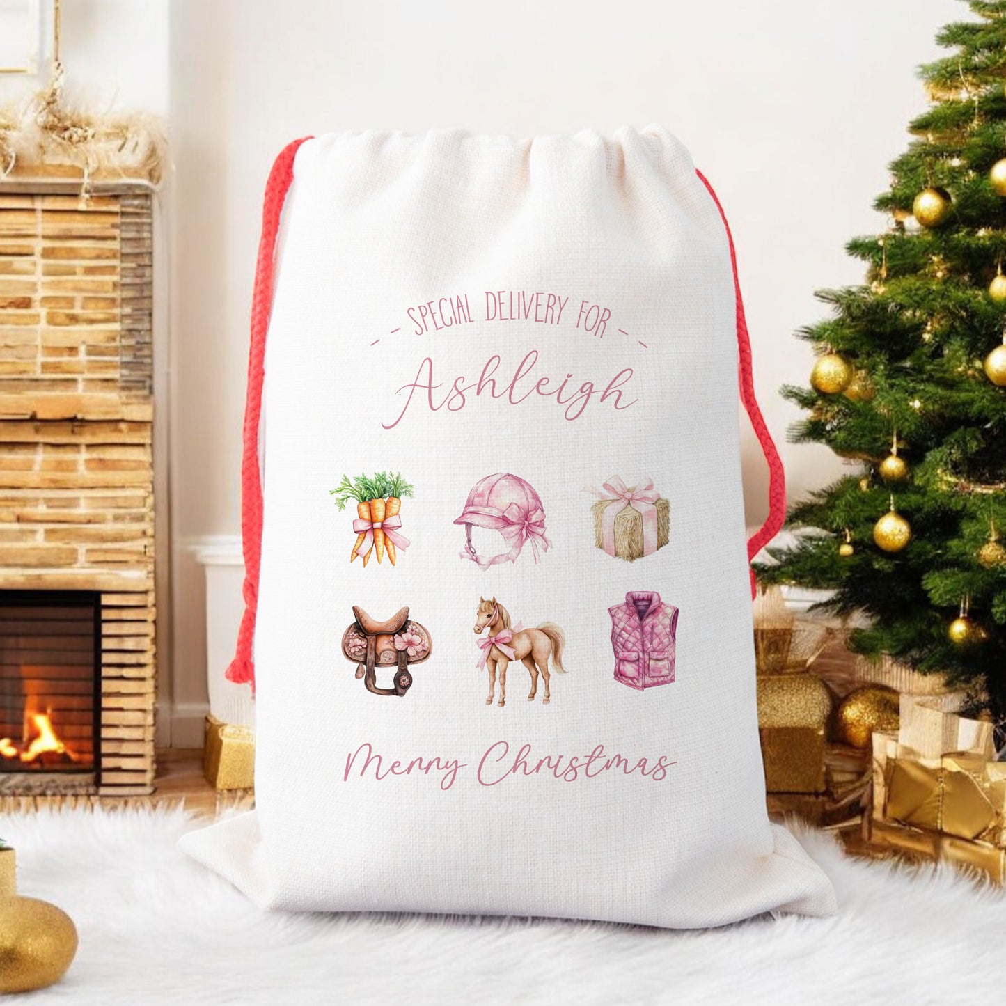 Personalised Christmas Santa Gift Sack – Pink Horse Design – Custom Name Christmas Sack for Girls & Pony Lovers