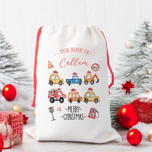 Personalised Christmas Santa Gift Sack – Transport Design with Cars, Trucks, Lorry – Custom Name Christmas Sack for Kids