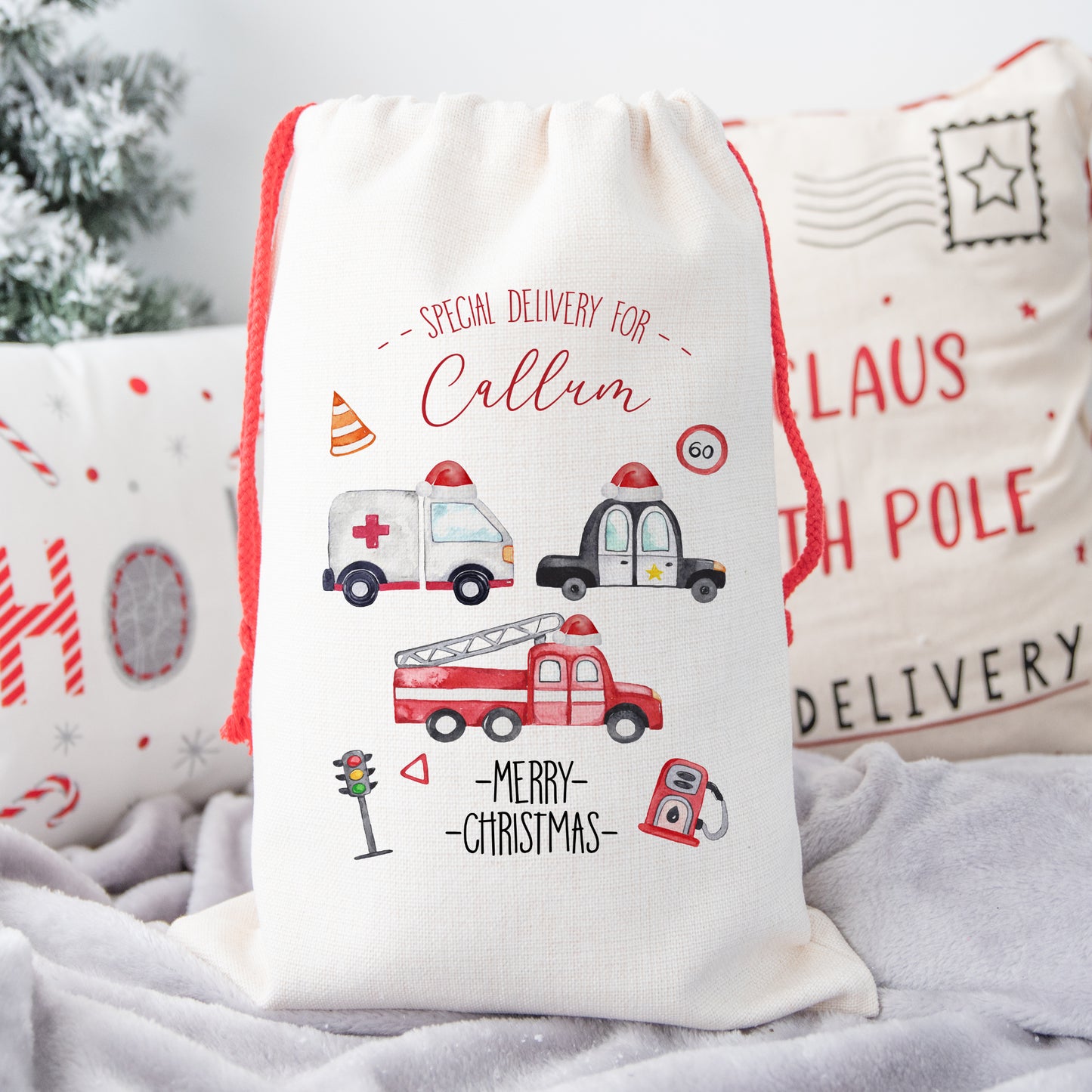 Personalised Christmas Santa Gift Sack – Emergency Vehicles Design – Ambulance, Police & Fire Brigade – Custom Name Christmas Sack for Kids