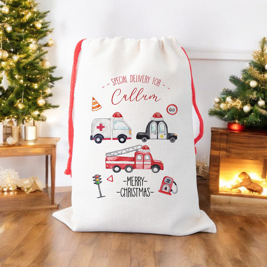 Personalised Christmas Santa Gift Sack – Emergency Vehicles Design – Ambulance, Police & Fire Brigade – Custom Name Christmas Sack for Kids